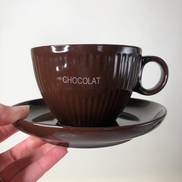 Paris Hot Chocolate Rich Brown Ridged Mugs & Saucers Cozy Winter Cups Set of 2 - Picture 3 of 12